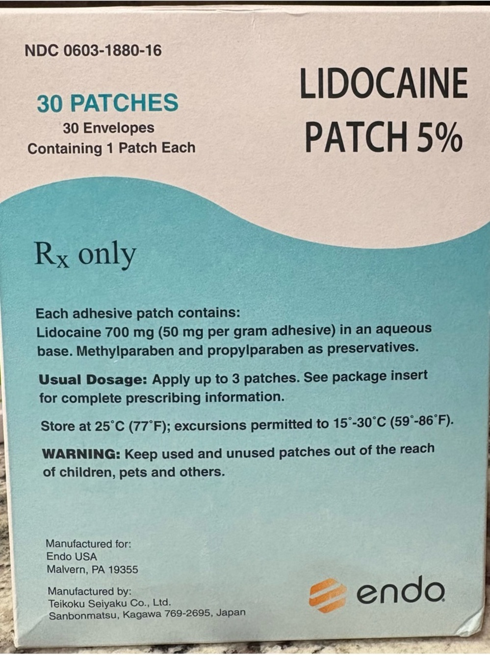 Endo Lidocaine Patch 5% - Teal & White Box (30 Patches)